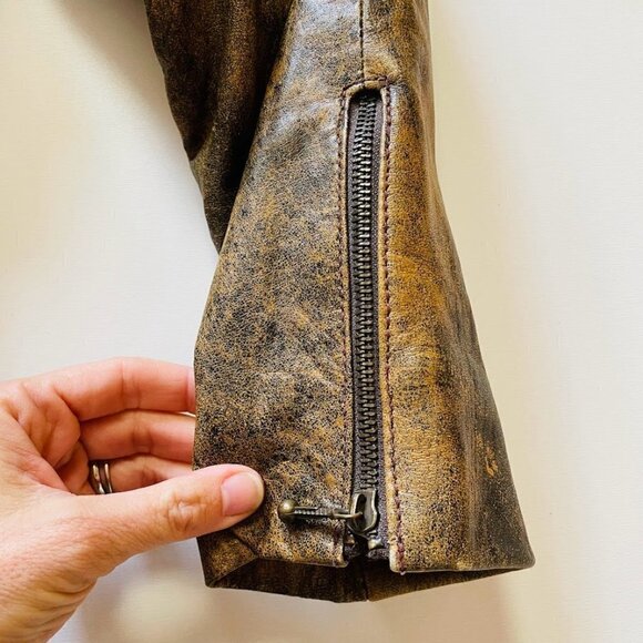 Vintage 100% Leather Tan Brown Moto Bomber Zipper Biker Distressed Pockets Mediu - Picture 5 of 13
